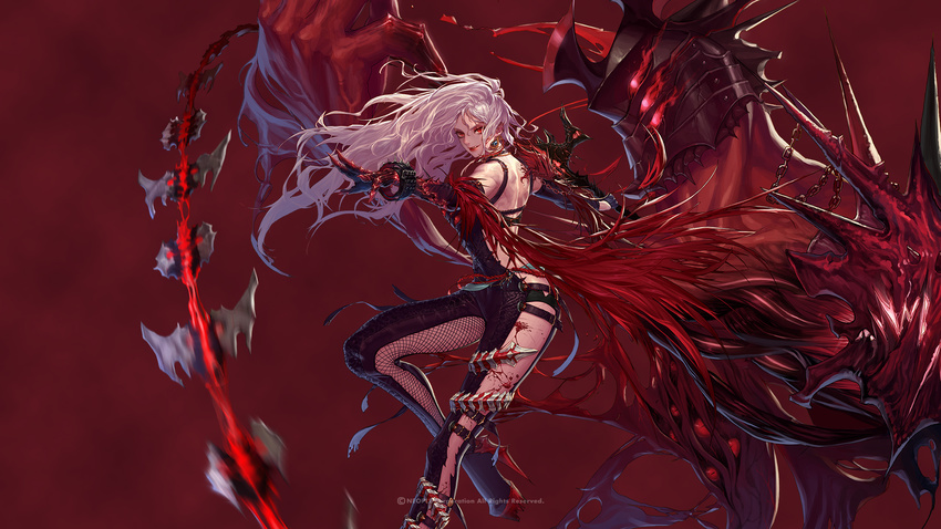 armor bad_id bad_twitter_id blood bodysuit demon_slayer_(dungeon_and_fighter) dungeon_and_fighter female_slayer_(dungeon_and_fighter) fishnets high_heels highres kim_hana long_hair official_art platform_footwear smile solo whip_sword