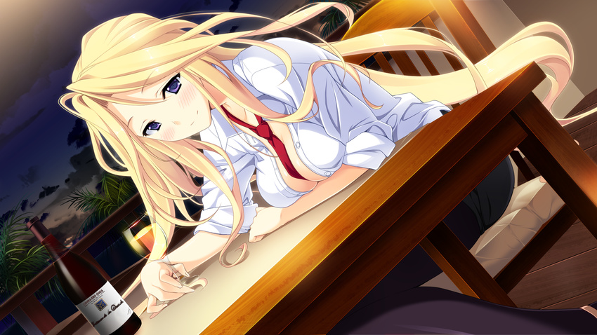 between_breasts blush bottle breasts cleavage cup dress_shirt drinking_glass dutch_angle game_cg highres kariu_nagisa koisuru_natsu_no_last_resort long_hair looking_at_viewer marui_(koedame) medium_breasts necktie necktie_between_breasts night no_bra open_clothes open_shirt pantyhose shirt sitting smile solo very_long_hair wine_bottle wine_glass