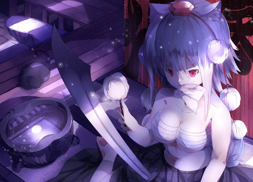 animal_ears bad_id bad_pixiv_id bare_arms bare_shoulders barefoot breasts cat cleavage daikoku_osamu full_moon hat hat_ribbon impossible_clothes impossible_underwear inubashiri_momiji large_breasts light_particles moon moonlight mouth_hold night pink_eyes pom_pom_(clothes) reflection ribbon ripples sarashi silver_hair sitting skirt solo sword tail tatami tokin_hat touhou uchiko wariza water weapon wolf_ears wolf_tail