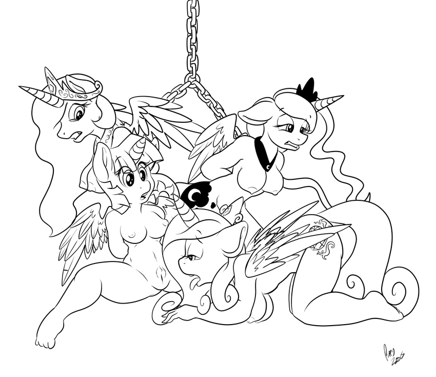 2015 all_fours anthro anthrofied barefoot bound breasts chain chained cutie_mark equine feathered_wings feathers female female/female friendship_is_magic group hair half-closed_eyes hands_behind_back horn humanoid_feet long_hair mammal my_little_pony navel nipples nude omega256 open_mouth plantigrade princess_cadance_(mlp) princess_celestia_(mlp) princess_luna_(mlp) pussy restrained sibling sisters spread_legs spreading twilight_sparkle_(mlp) winged_unicorn wings