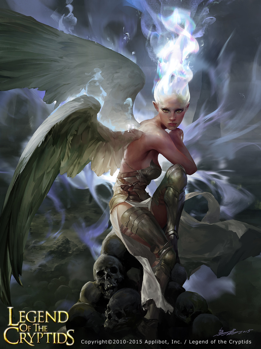 1girl 2015 angel angel_wings armor blue_hair breasts brown_eyes cleavage company_name copyright_name crowgod highres legend_of_the_cryptids official_art skull skulls solo white_hair wings