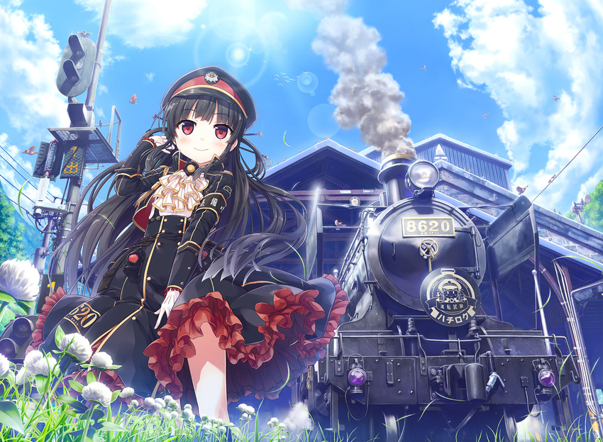 bangs black_dress black_hair blue_sky blunt_bangs cloud covering covering_crotch cravat cura day dress flower frilled_dress frills from_below grass ground_vehicle hachiroku_(maitetsu) hand_in_hair hat highres lens_flare locomotive long_sleeves looking_at_viewer maitetsu outdoors peaked_cap railroad_signal red_eyes signal skirt skirt_tug sky smile smoke smokestack solo steam_locomotive sunlight train train_station wind wind_lift