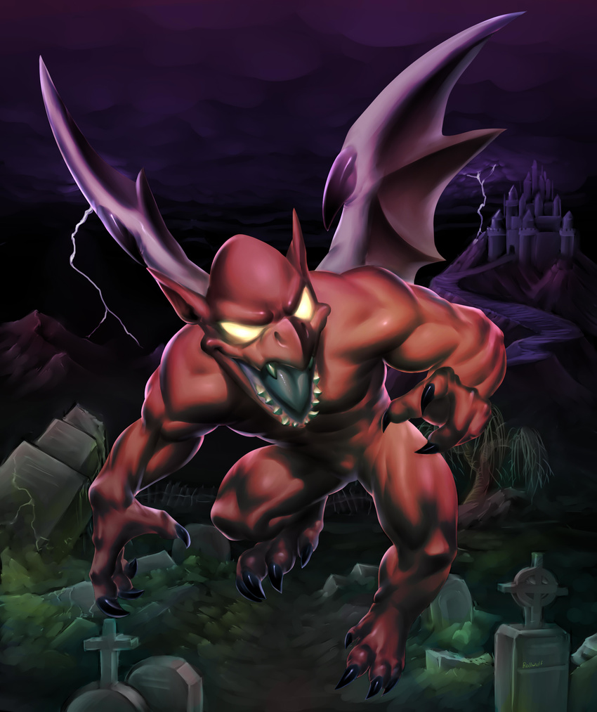 2014 absurd_res bat_wings castle claws demon demon's_crest fangs featureless_crotch firebrand flying gargoyle's_quest glowing glowing_eyes graveyard hi_res humanoid lighting looking_away male muscular no_pupils nude open_mouth red_skin rollwulf solo stocky teeth tongue wings