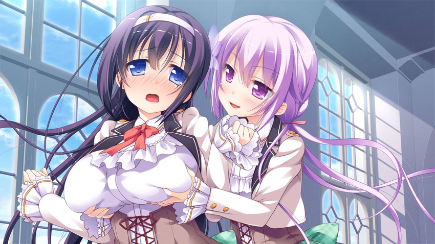 2girls :d :o aria_seresutia artist_request black_hair blue_eyes blush breast_grab breasts character_request game_cg grabbing large_breasts long_hair multiple_girls nanase_meruchi naughty_face open_mouth purple_eyes purple_hair sasha_mirugamotto school_uniform shy smile source_request unlucky_re:birth/reverse upper_body windmill_(company) window yuri