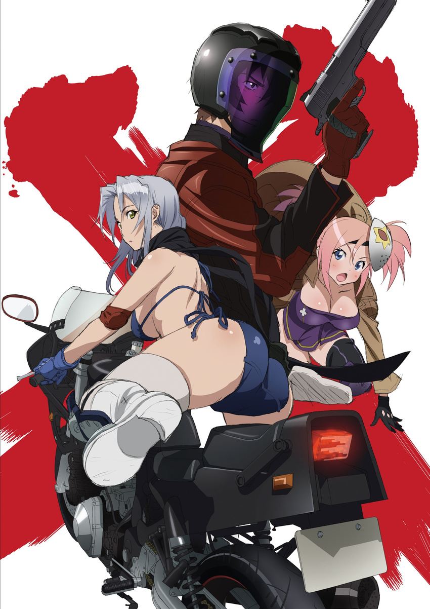 1boy 2girls ass back bra gloves gun helmet kiba_mikoto long_hair mikami_arashi motorcycle multiple_girls nashida_oriha official_art panties pink_hair pistol sitting triage_x underwear weapon