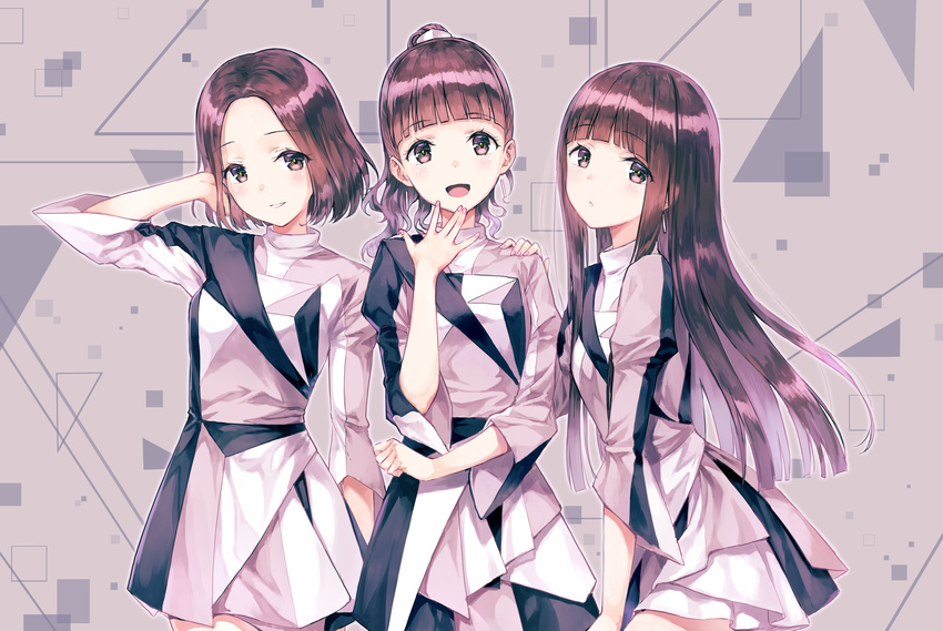 a~chan brown_hair dress hand_in_hair high_ponytail highres hiten_(hitenkei) kashiyuka long_hair looking_at_viewer multiple_girls nocchi_(perfume) open_mouth perfume ponytail short_hair smile