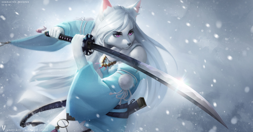 2018 anthro breasts canine clothed clothing female fighting_stance fur hair holding_object holding_weapon jewelry long_hair mammal melee_weapon necklace outside purple_eyes snow solo standing sword vertry weapon white_fur white_hair