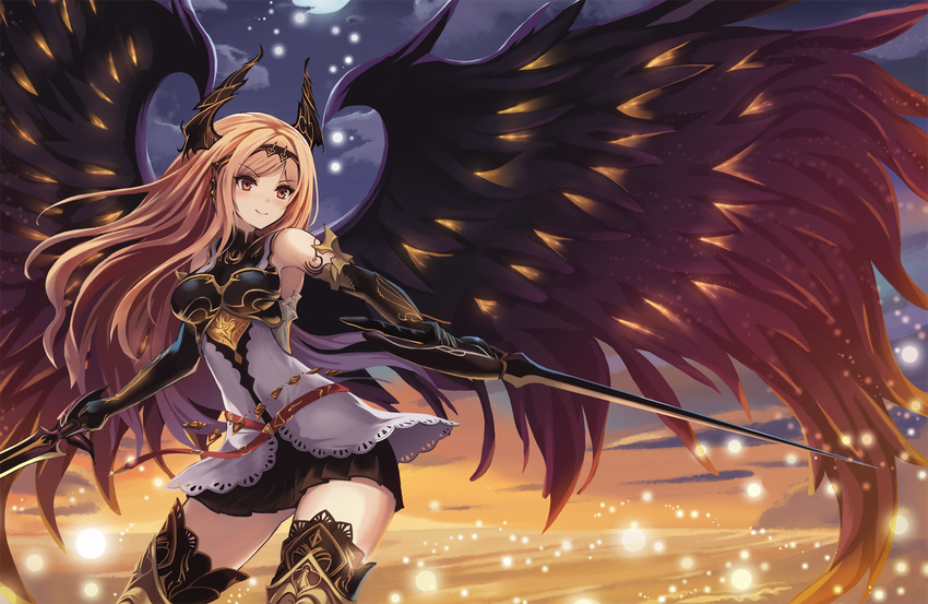 belt black_gloves black_wings blonde_hair blush cloud cowboy_shot dark_angel_olivia dual_wielding eruthika gloves granblue_fantasy highres holding horns long_hair orange_eyes outdoors shingeki_no_bahamut skirt sky sleeveless smile solo sword weapon wings