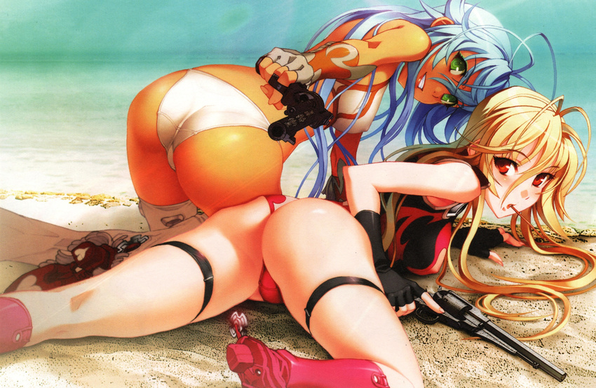 ass beach bikini blonde_hair blush dark_skin donne_anonime female franco_il_nero from_behind green_eyes grin gun highres holding holding_gun holding_weapon light_blue_hair long_hair looking_at_viewer looking_back lying mouth_hold multiple_girls nishii_(nitroplus) panties red_eyes smile swimsuit tsuzuki_satsuriku_no_jango underwear weapon zoku_satsuriku_no_django