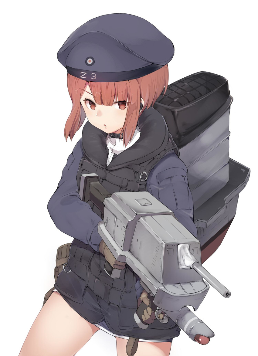 alternate_costume brown_eyes brown_hair choker commentary_request earpiece gloves hat highres kantai_collection rigging sailor_hat short_hair solo sumisu_(mondo) tactical_clothes thighs turret z3_max_schultz_(kantai_collection)