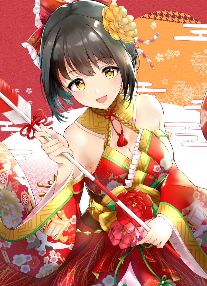 1girl :d arrow bangs bare_shoulders black_hair blush bow breasts cleavage cleavage_cutout commentary_request detached_sleeves different egasumi eyebrows_visible_through_hair floral_print flower frilled_bow frills hair_bow hair_flower hair_ornament hamaya highres holding_arrow idolmaster idolmaster_cinderella_girls japanese_clothes kimono long_sleeves looking_at_viewer medium_breasts multicolored multicolored_background obi open_mouth pink_flower print_kimono red_bow red_flower red_kimono red_ribbon ribbon sash short_hair smile solo takafuji_kako tassel upper_body wide_sleeves yellow_eyes