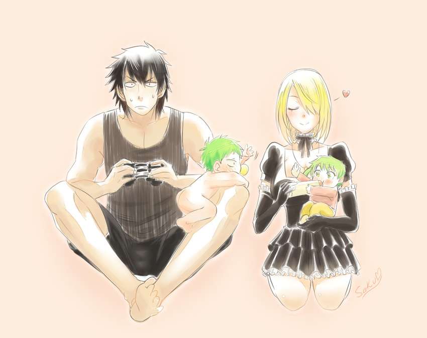 1girl 2boys artist_name baby_be'el baby_be'el beelzebub_(manga) blonde_hair controller game_controller green_eyes green_hair hilda_(beelzebub) multiple_boys oga_tatsumi playing_games sanpaku seiza sitting sweatdrop tank_top