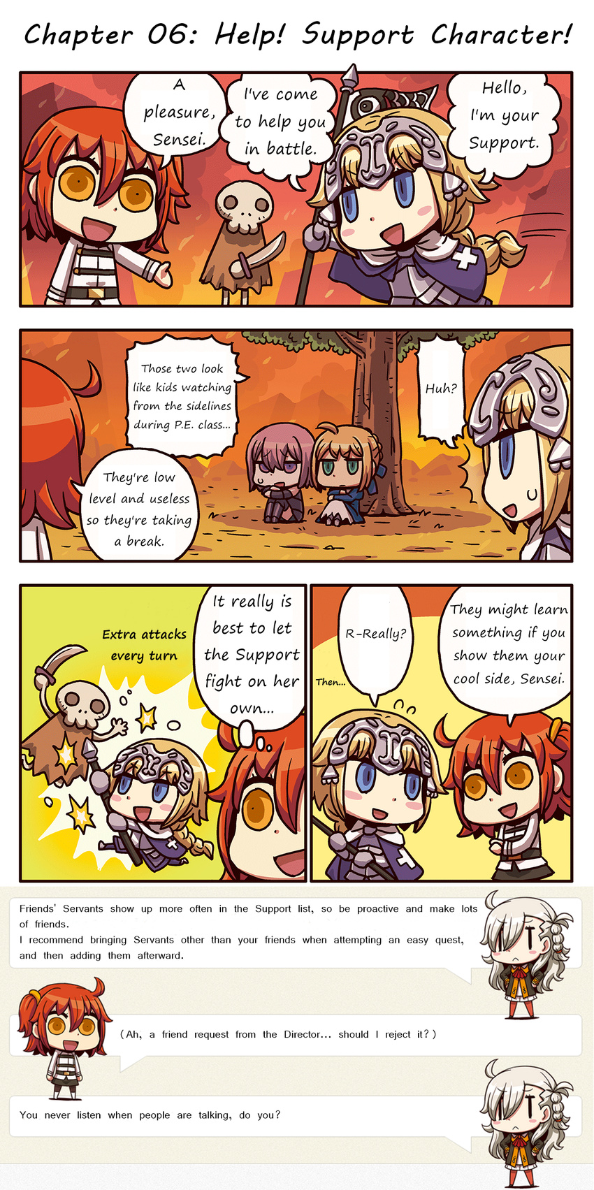 4girls ahoge braiding_hair burning chibi comic fate/grand_order fate_(series) female_protagonist_(fate/grand_order) flag hairdressing headgear highres knees_to_chest legs_together long_hair multiple_girls open_mouth polearm riyo_(lyomsnpmp) ruler_(fate/apocrypha) saber shielder_(fate/grand_order) short_hair side_ponytail sitting skeleton spear talking tree weapon