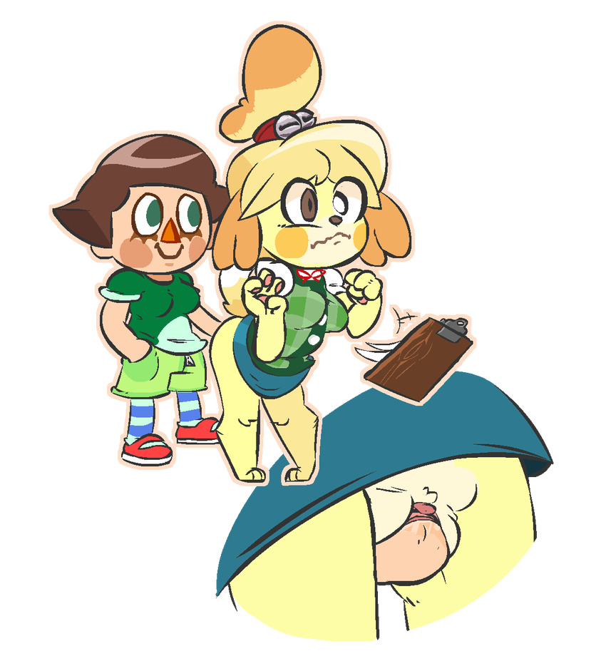 animal_crossing clothed clothing female female/female fingering isabelle_(animal_crossing) nintendo pussy skirt stiquid surprise upskirt vaginal video_games villager_(animal_crossing)