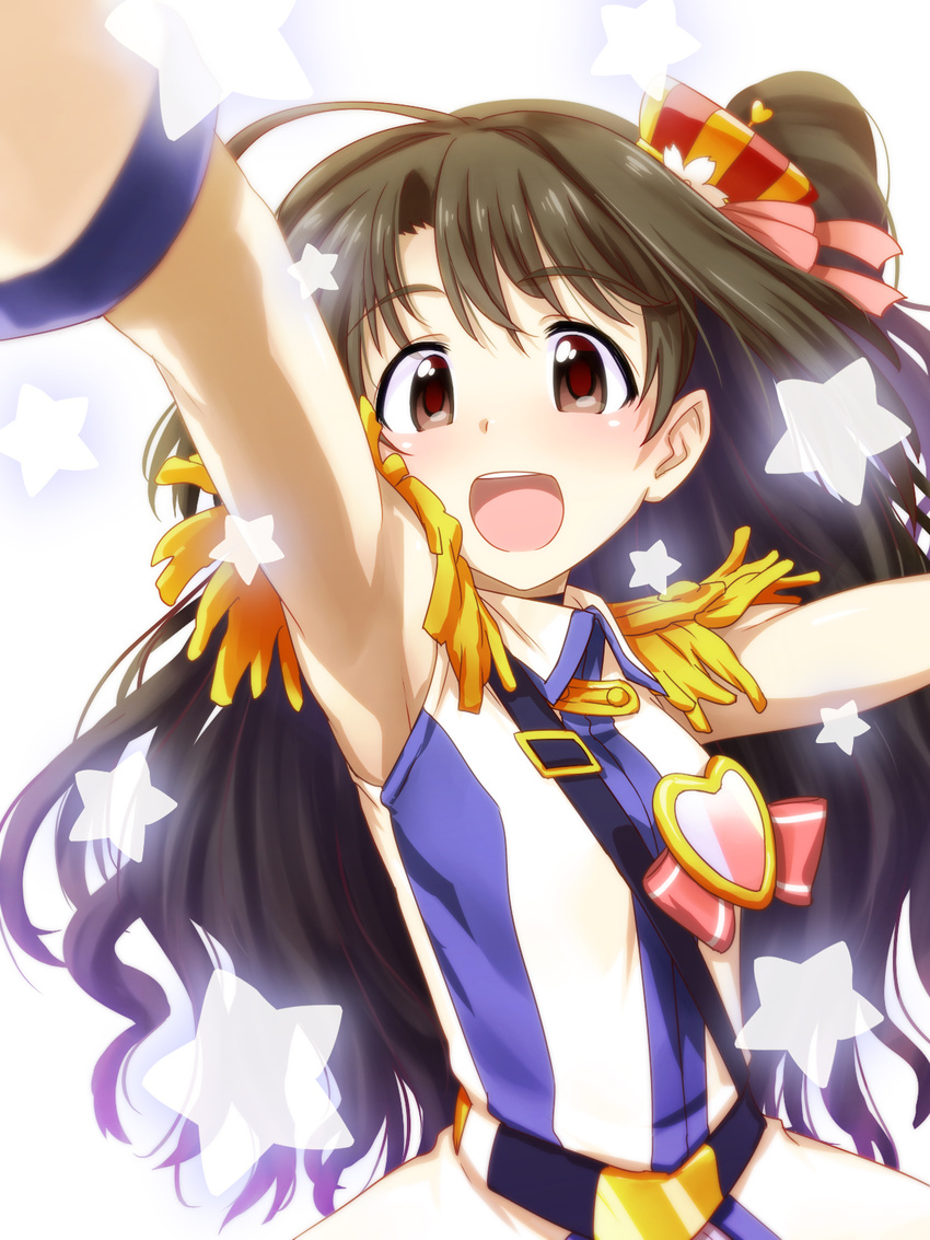 :d arm_up armpits brown_eyes brown_hair crystal_night_party dress epaulettes hair_ornament heart heart-shaped_pupils highres idolmaster idolmaster_cinderella_girls itou_yuuji long_hair looking_at_viewer one_side_up open_mouth round_teeth shimamura_uzuki shine!! smile solo star striped striped_dress symbol-shaped_pupils teeth very_long_hair