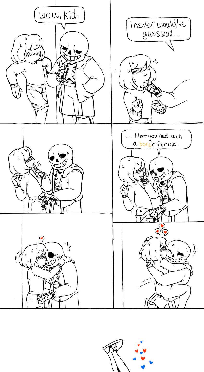 blush bone not_furry protagonist_(undertale) sans_(undertale) skeleton smile sweat undertale