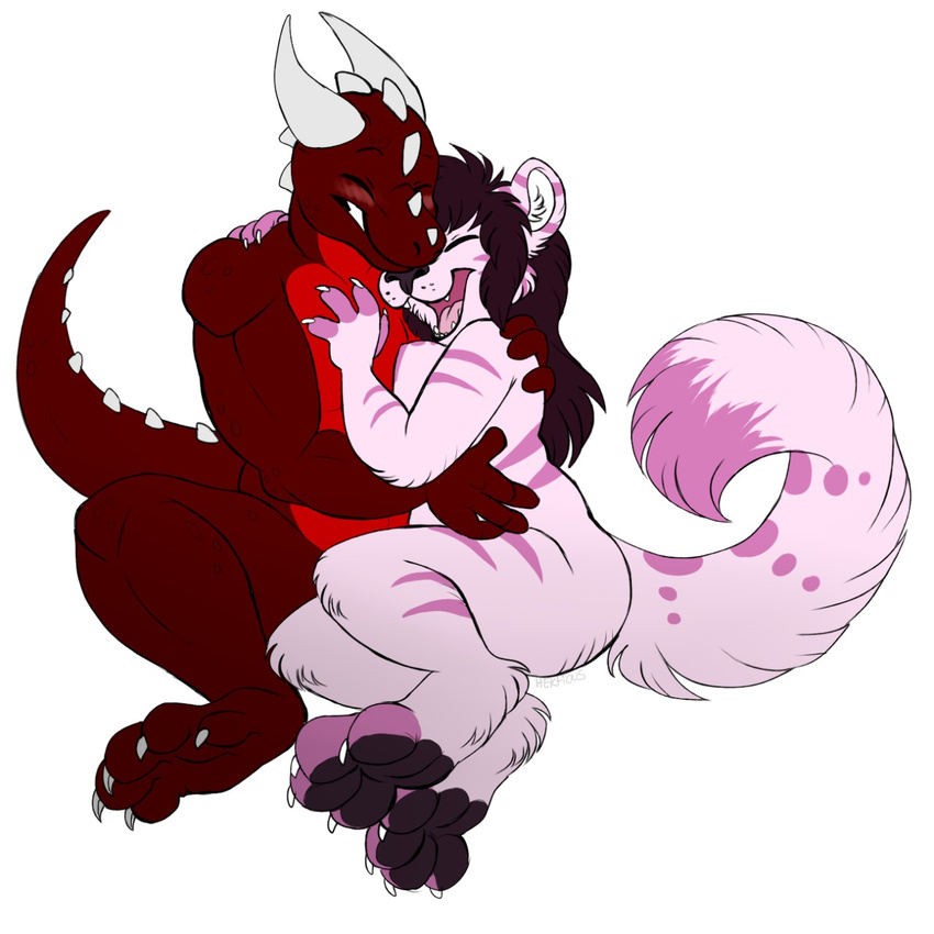 blush breasts cat chisea claws cuddling cute demon eyes_closed feline female fluffy_tail fur hair happy hektious horn long_hair male male/female mammal muscular nude open_mouth pawpads pink_fur plantigrade rahiros red_skin simple_background sitting smile