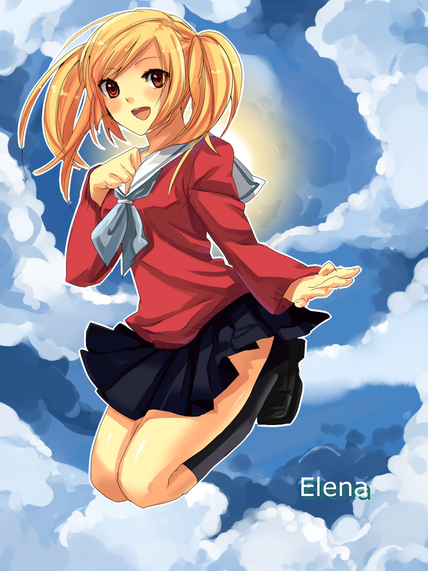 1girl before_crisis_final_fantasy_vii blonde_hair blush cloud clouds elena_(ff7) female final_fantasy final_fantasy_vii footwear highres jumping long_hair miniskirt mochiko_(mochiko3121) mochiko_(pixiv45469) open_mouth pigtails red_eyes school_uniform shoes short_twintails skirt sky socks solo twintails uniform