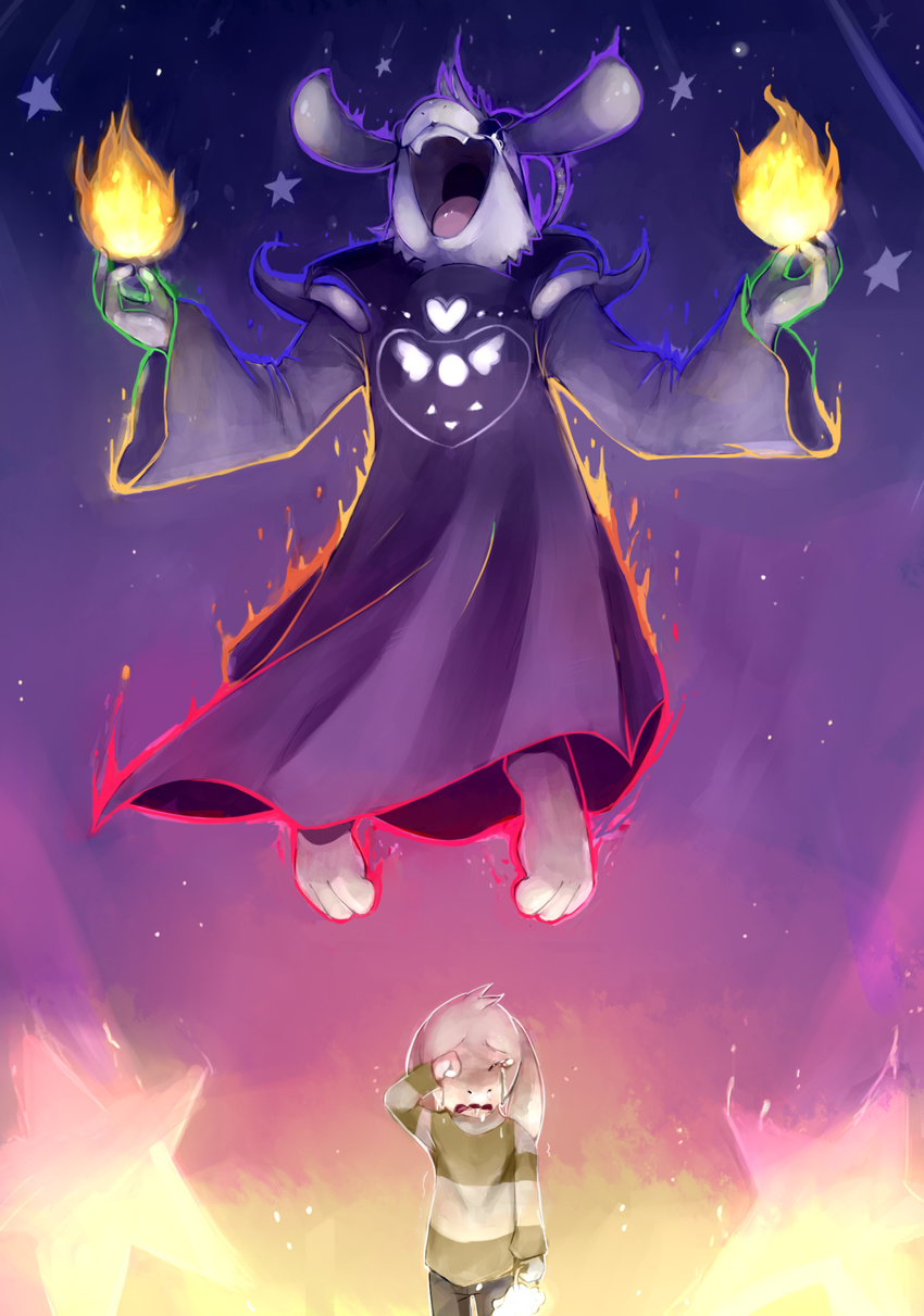 &lt;3 asriel_dreemur caprine clothing crying eyes_closed fire goat horn male mammal monster open_mouth pkbunny robe solo spoilers star tears tongue undertale young