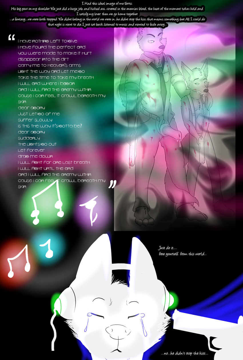 a_million_different_colors anthro blood canine clothing comic crying cub dialogue dog duo english_text erection farris fox gloebis green_eyes gun handgun headphones kaylin male mammal penis pistol ranged_weapon simple_background tears text weapon wolf young