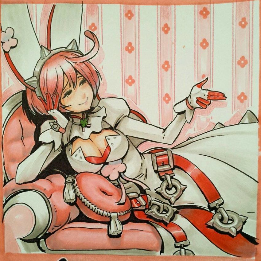 ahoge blush breasts chin_rest cleavage clover colored_pencil_(medium) dress elphelt_valentine finger_gun four-leaf_clover gloves guilty_gear guilty_gear_xrd highres huge_ahoge large_breasts marker_(medium) omar_dogan pink_hair reclining short_hair smile solo traditional_media white_dress