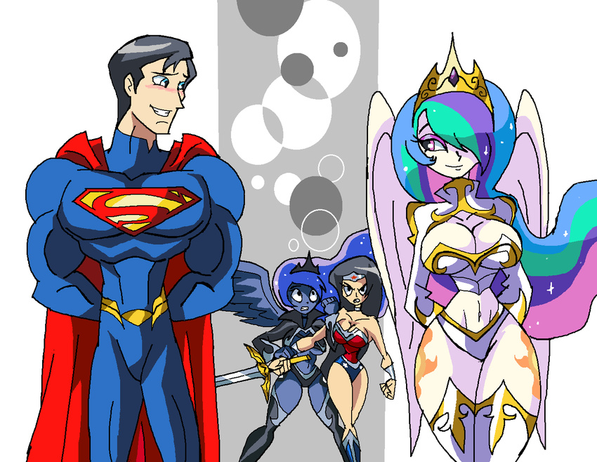 2015 alien anthro big_breasts blush breasts cleavage clothed clothing crossover equine female friendship_is_magic horn human male mammal my_little_pony ninjaspartankx5 princess_celestia_(mlp) princess_luna_(mlp) smile superman winged_unicorn wings wonder_woman