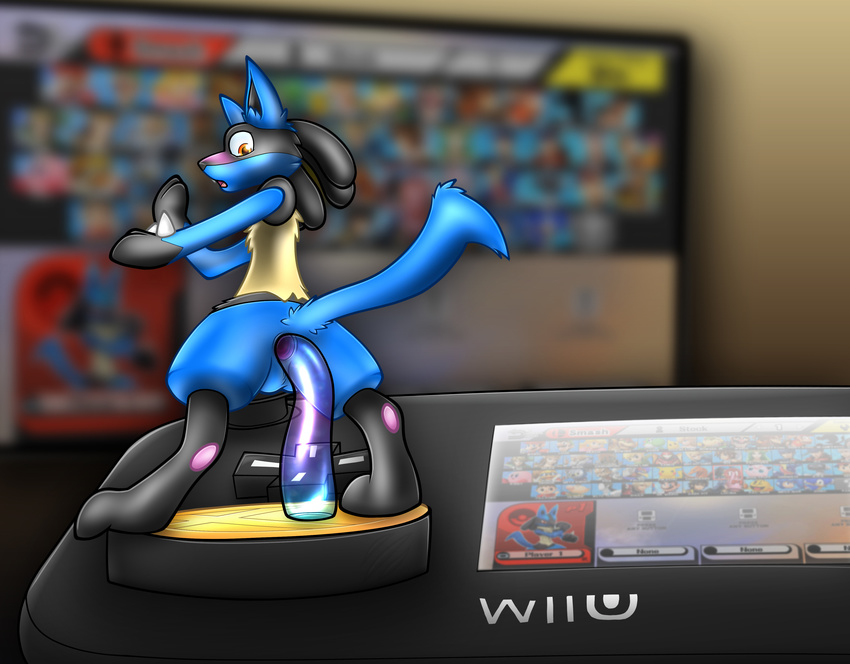 2015 amiibo balls black_fur blue_fur blush bros butt chronowolf_(artist) controller dude fur hi_res lucario male nintendo paws penetration pok&eacute;mon pole shocked smash ssb super_smash_bros surprise television tentacles translucent video_games wii_u wiiu