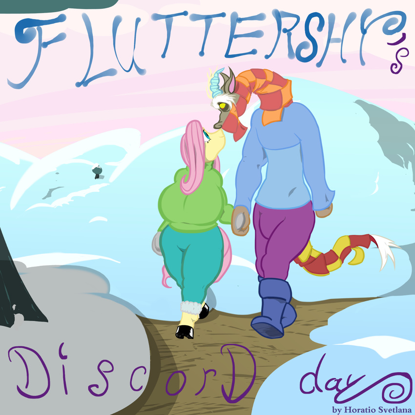 anthro anthrofied big_breasts breasts clothing comic compression_artifacts discord_(mlp) draconequus duo equine female fluttershy_(mlp) friendship_is_magic horatio_svetlana huge_breasts male mammal my_little_pony outside pegasus scarf snow wings