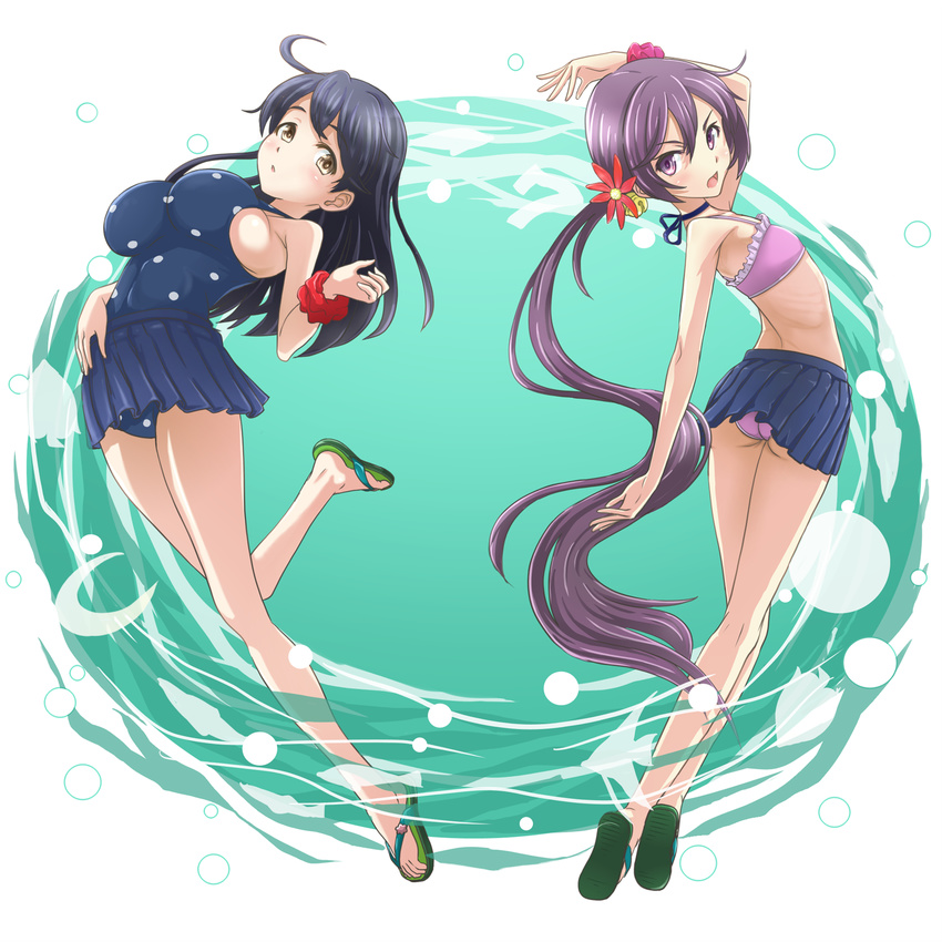 ahoge akebono_(kantai_collection) bell bikini black_hair blue_swimsuit breasts flat_chest flip-flops flower hair_bell hair_flower hair_ornament highres jingle_bell kantai_collection kibino_ido large_breasts long_hair multiple_girls one-piece_swimsuit polka_dot polka_dot_swimsuit purple_hair ribbon sandals side_ponytail skirt swimsuit ushio_(kantai_collection) very_long_hair