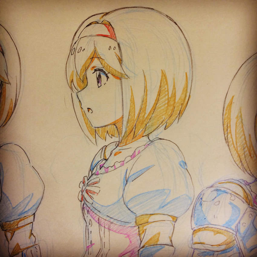 :o absurdres collarbone djeeta_(granblue_fantasy) dress fighter_(granblue_fantasy) fuusuke_(fusuke208) granblue_fantasy heart highres open_mouth pink_dress purple_eyes short_hair shoulder_pads sideways_mouth smile solo traditional_media upper_body