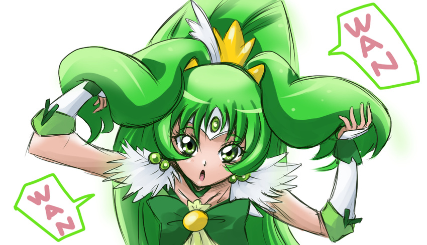arudebido big_hair choker cure_march dress earrings english eyelashes green green_choker green_eyes green_hair hair_ornament hair_tousle jewelry long_hair looking_at_viewer magical_girl midorikawa_nao open_mouth ponytail precure ribbon simple_background sketch smile smile_precure! solo tiara tri_tails very_long_hair white_background wrist_cuffs