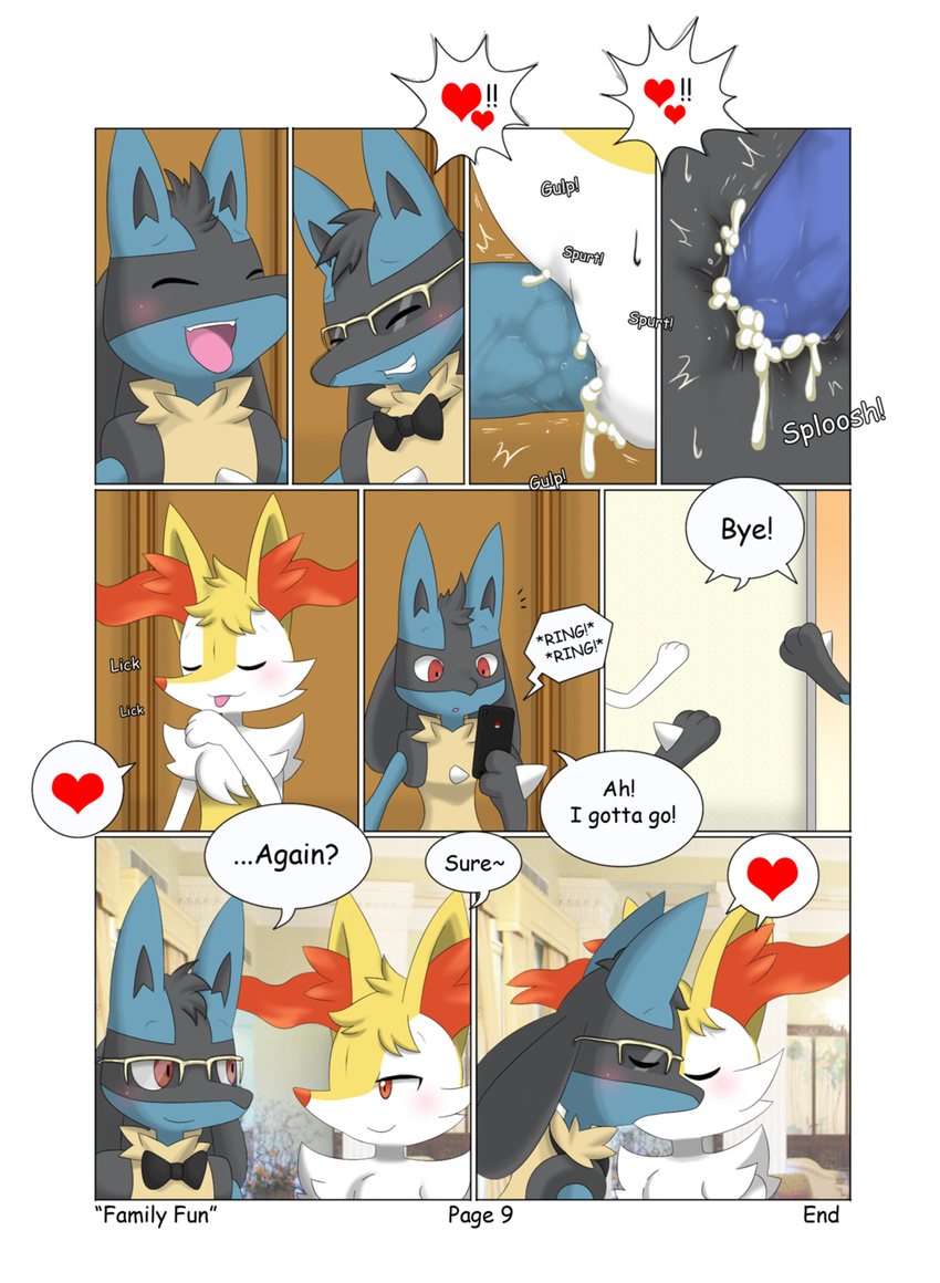 &lt;3 akiru_cario anal anal_penetration anus balls black_fur blue_fur blush bow_tie braixen canine comic cum cum_in_ass cum_inside cute dialogue erection eyewear fox fur glasses group group_sex kissing lucario male male/male mammal nintendo oral oral_penetration penetration penis pok&eacute;mon sex spitroast video_games winick-lim yellow_fur