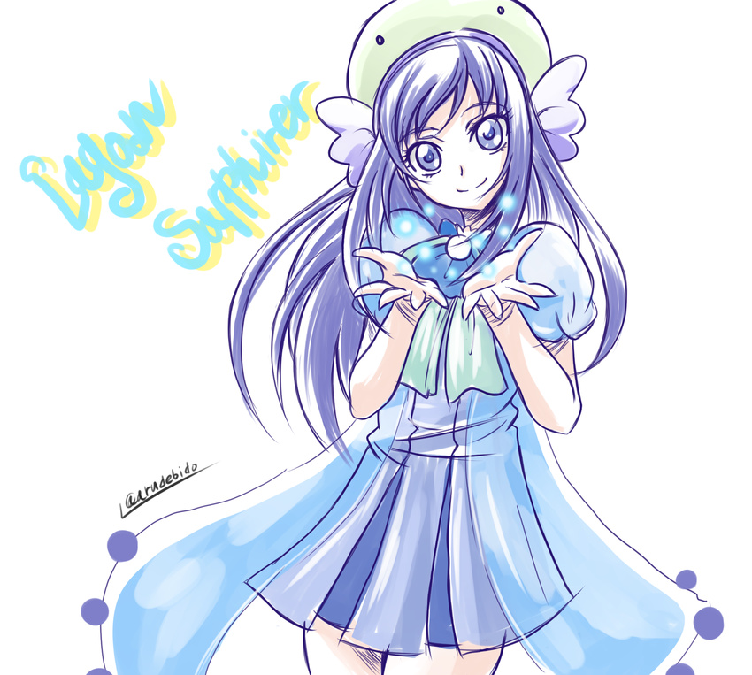 artist_name arudebido blue_dress blue_eyes blue_hair dokidoki!_precure dress english eyelashes happy hat highres hishikawa_rikka long_hair looking_at_viewer open_hands precure puffy_sleeves see-through simple_background sketch smile solo standing twitter_username white_background