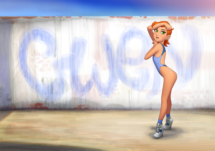 1girl absurdres ben_10 cartoon_network drew_gardner green_eyes gwendolyn_tennyson highres one-piece_swimsuit orange_hair sneakers swimsuit