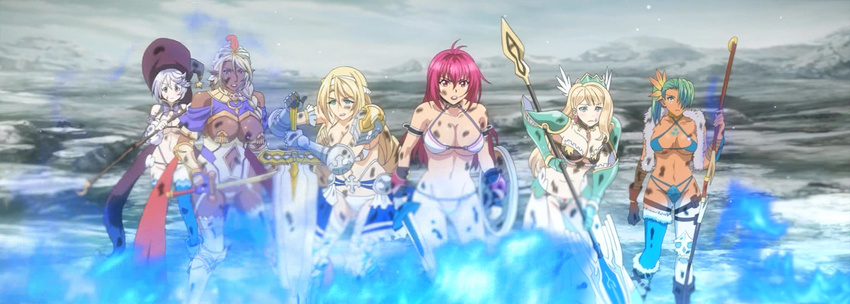 bikini bikini_warriors dark_elf_(bikini_warriors) fighter_(bikini_warriors) highres hunter_(bikini_warriors) mage_(bikini_warriors) multiple_girls paladin_(bikini_warriors) screencap swimsuit valkyrie_(bikini_warriors)