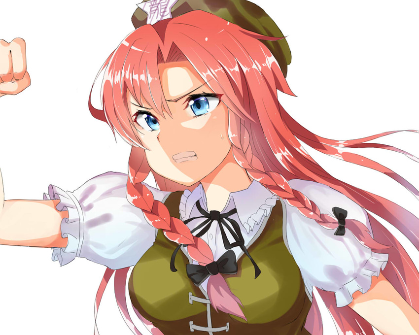 blue_eyes bow braid clenched_teeth hat hong_meiling long_hair pink_hair running siraele solo star teeth touhou twin_braids