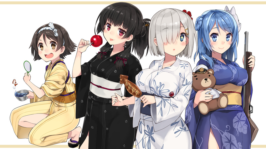 4girls :d :o :p admiral_(kantai_collection) alternate_costume alternate_hairstyle bangs black_hair black_kimono blue_eyes blue_hair blush breasts brown_eyes brown_hair candy_apple character_doll covered_nipples double_bun festival fish floral_print flower food fox_mask from_side goldfish goldfish_scooping gun hair_flower hair_ornament hair_over_one_eye hair_ribbon hair_up hairband hairclip hamakaze_(kantai_collection) hand_on_hip hat highres holding holding_gun holding_weapon ikayaki isokaze_(kantai_collection) japanese_clothes kantai_collection kimono kuro_chairo_no_neko large_breasts lips long_hair long_sleeves looking_at_viewer mask mask_on_head multiple_girls obi open_mouth peaked_cap poi_(goldfish_scoop) polka_dot_ribbon ponytail red_eyes red_ribbon ribbon sandals sash shooting_gallery short_hair silver_hair simple_background smile squatting stuffed_animal stuffed_toy summer_festival tanikaze_(kantai_collection) tasuki teddy_bear tongue tongue_out tress_ribbon urakaze_(kantai_collection) wallpaper water weapon white_background wide_sleeves yukata