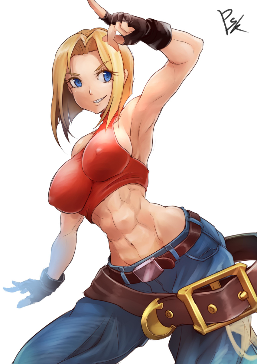 abs absurdres armpits baggy_pants bare_shoulders blonde_hair blue_mary breasts crop_top fatal_fury fingerless_gloves gloves hair_intakes halterneck highres impossible_clothes impossible_shirt large_breasts midriff pants shirt short_hair solo sowel_(sk3) the_king_of_fighters