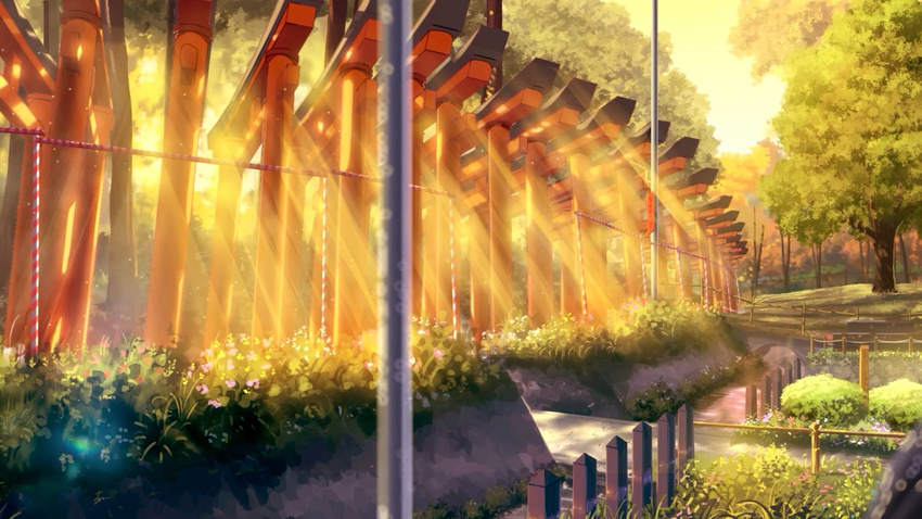 bridge depth_of_field flower fushimi_inari_taisha highres lamppost lens_flare light_rays niko_p no_humans original outdoors path railing road scenery sunlight sunset torii tree water yellow yellow_sky