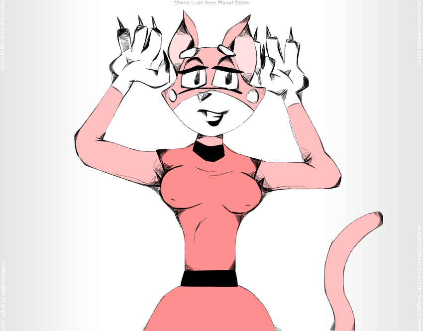 2015 absurd_res anthro armoredcoreraven blush cat clothed clothing feline female hi_res looking_at_viewer lying mammal on_back raised_arm rat_(artist) shima_luan simple_background smile solo super_planet_dolan youtube
