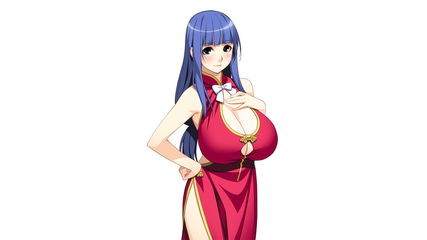 1girl bare_shoulders blue_eyes blue_hair blush breasts china_dress chinese_clothes cleavage dress fuutou_shizune huge_breasts kareshi_inai_reki_nenrei long_hair looking_at_viewer oshioki_sweetie smile solo standing