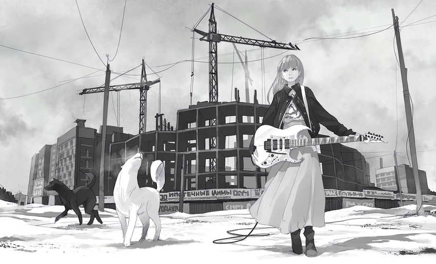 cable cloud cloudy_sky construction construction_site crane dog electric_guitar greyscale guitar hammer_and_sickle instrument jacket long_hair long_skirt monochrome open_clothes open_jacket original outdoors pomodorosa russian skirt sky snow solo telephone_pole translated