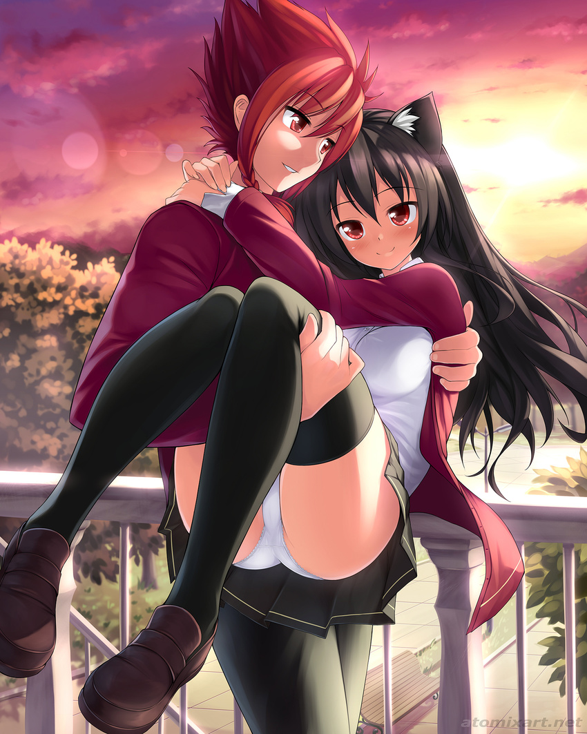 1girl animal_ears artist_name atomix bench black_hair blush breasts carrying cat_ears copyright_request hand_around_neck handrail highres horizon jacket knees_together_feet_apart light_rays loafers medium_breasts open_clothes open_jacket panties pants park park_bench parted_lips pleated_skirt princess_carry red_eyes red_hair red_shirt shirt shoes skirt smile sunlight sunset thighhighs underwear watermark web_address white_panties white_shirt
