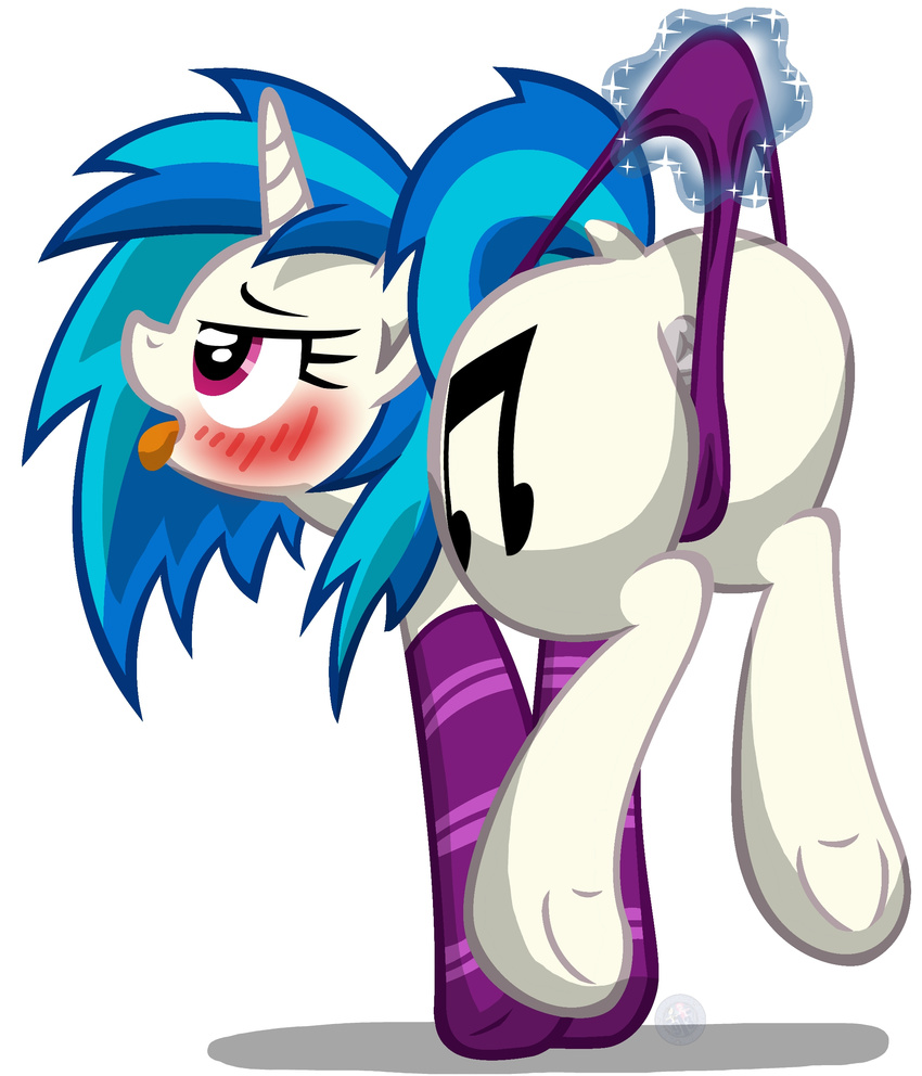 2015 anus blue_hair blush butt clothing cutie_mark dock equine female feral friendship_is_magic hair horn mammal multicolored_hair my_little_pony open_mouth panties pussy pussy_floss simple_background solo template93 tongue tongue_out two_tone_hair underhoof underwear unicorn vinyl_scratch_(mlp) white_background