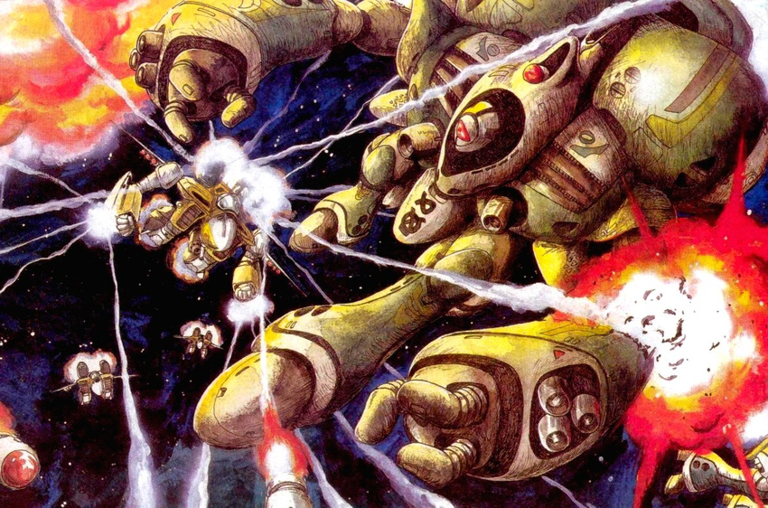 battle chest_cannon choujikuu_yousai_macross damaged gerwalk itano_circus macross mecha meltrandi missile miyao_gaku no_humans official_art oldschool power_armor power_suit production_art queadluun-rau science_fiction space star valkyrie variable_fighter vf-1 vf-1_super vf-1a zentradi