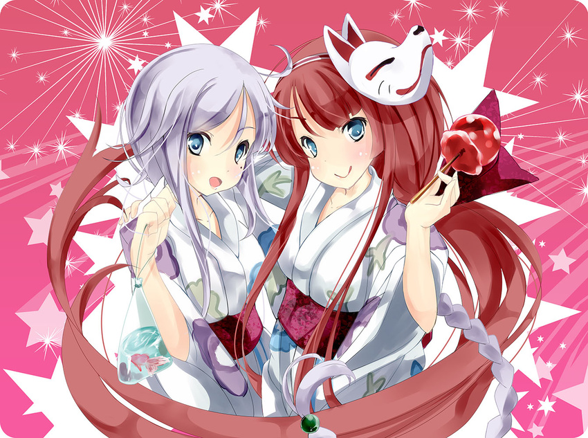 blue_eyes braid candy_apple fish food fox_mask hairband japanese_clothes kantai_collection kawakaze_(kantai_collection) kimono long_hair low_twintails mask mole mole_under_eye multiple_girls ooka_(skavler) red_hair silver_hair single_braid smile twintails umikaze_(kantai_collection) very_long_hair yukata