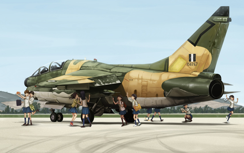 6+girls a-7_corsair_ii aircraft airplane brown_hair camouflage clothes_around_waist drop_tank highres jacket_around_waist multiple_girls original school_uniform skirt socks sufew uniform