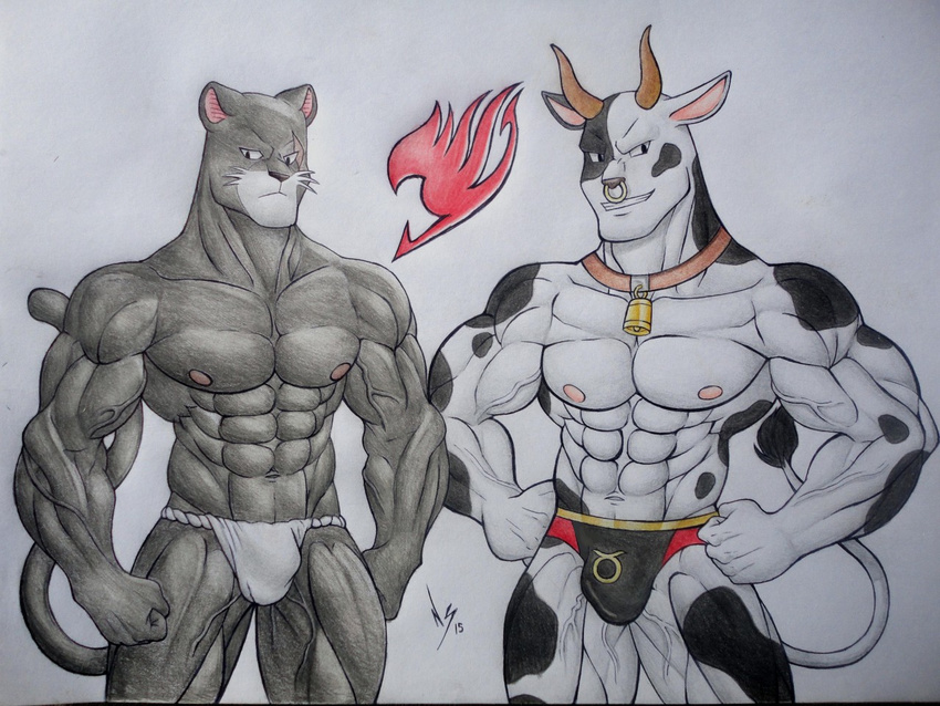 abs anthro biceps black_fur bovine bulge cattle clothed clothing duo fairy_tail feline fur half-dressed horn loincloth male mammal muscular nekosuke nipples panther pantherlily pecs piercing speedo spots swimsuit taurus topless underwear white_fur