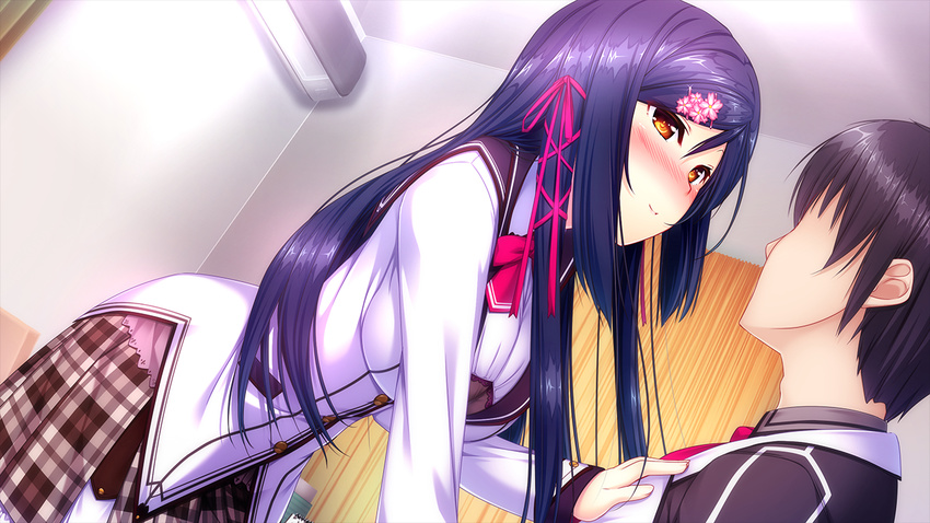 1girl bangs black_hair blazer blue_hair blush bow bowtie breasts buttons ceiling cherry_blossoms couple curtains dutch_angle faceless faceless_male from_side game_cg hair_ornament hair_ribbon hairclip hand_on_another's_chest hetero indoors jacket kagami_suzuha lace large_breasts leaning_forward long_hair long_sleeves naughty_face nose_blush orange_eyes parted_bangs plaid plaid_skirt pleated_skirt ren'ai_phase ribbon school_uniform short_hair skirt smile swept_bangs tress_ribbon usume_shirou very_long_hair yaegaki_jun