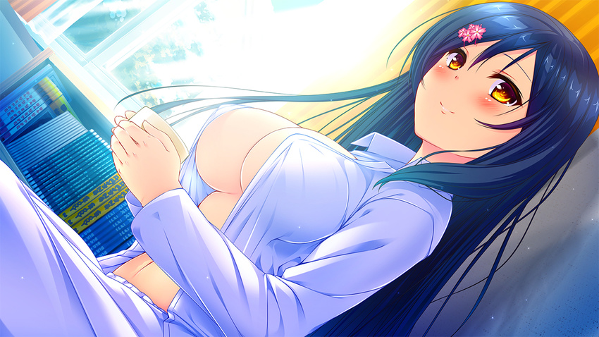 blue_hair blush book bookshelf breasts cherry_blossoms cleavage collared_shirt cup curtains drink dutch_angle from_side game_cg hair_ornament hairclip holding indoors kagami_suzuha large_breasts light_rays light_smile long_hair long_sleeves morning mug navel no_bra open_clothes open_shirt orange_eyes pajamas ren'ai_phase shirt sitting smile solo sunbeam sunlight usume_shirou very_long_hair window